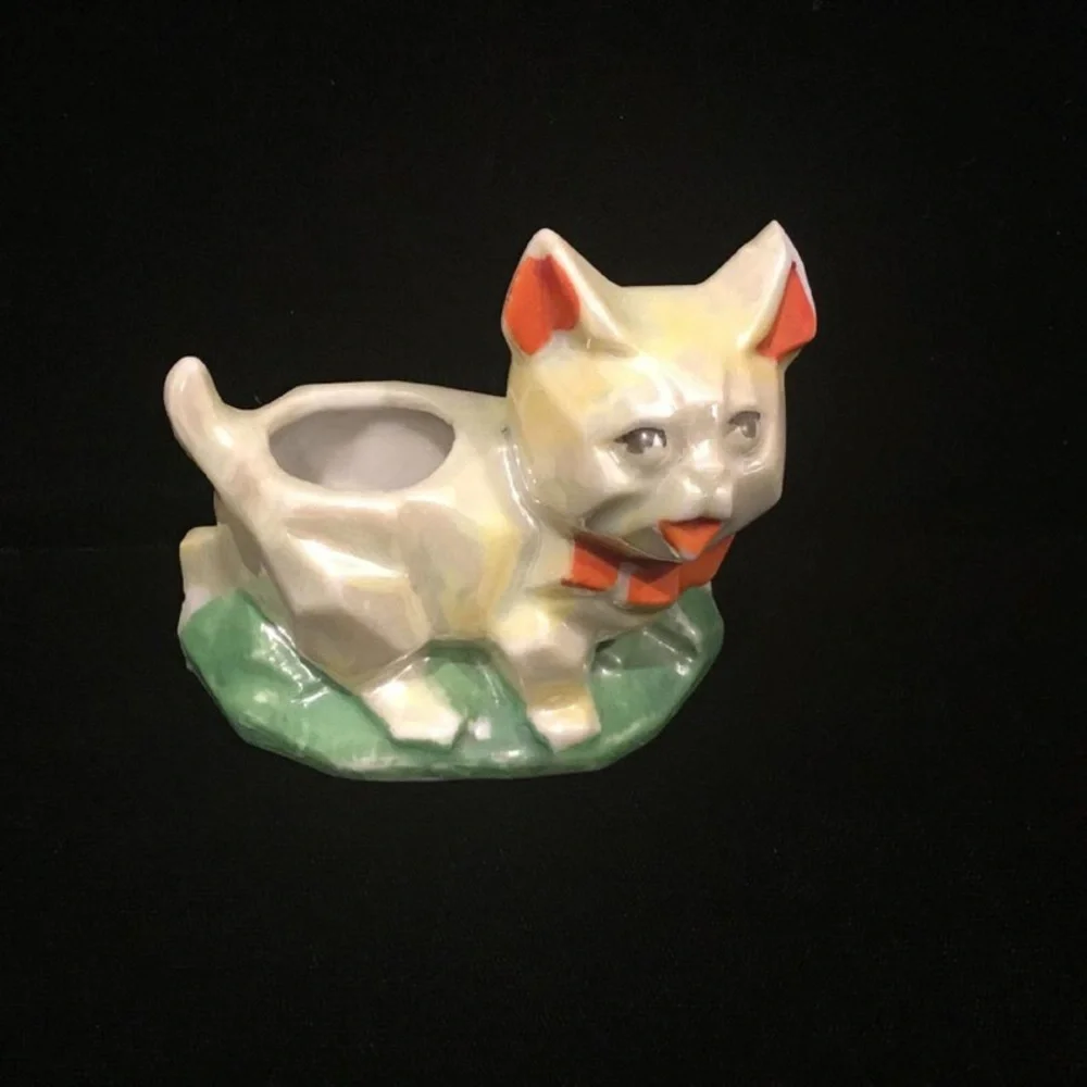 Vintage lusterware cubist Ceramic Cat Figurine Toothpick holder Japan
